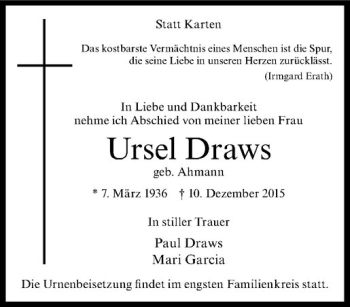 Anzeige von Ursel Draws von Westfälische Nachrichten