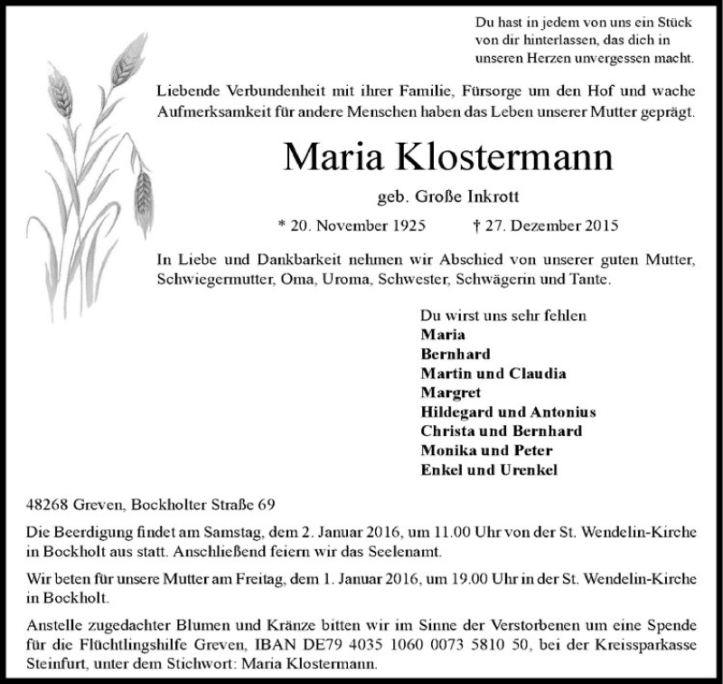  Traueranzeige für Maria Klostermann vom 30.12.2015 aus Westfälische Nachrichten
