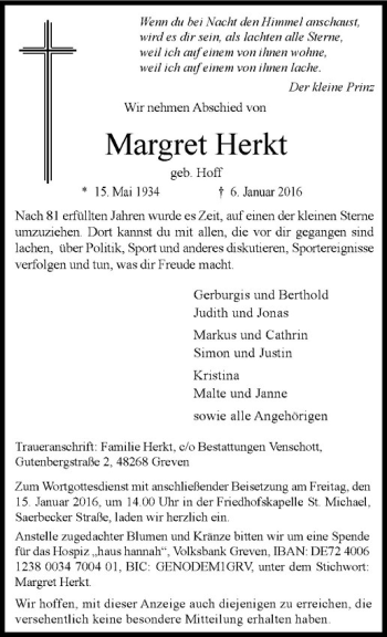 Anzeige von Margret Herkt von Westfälische Nachrichten