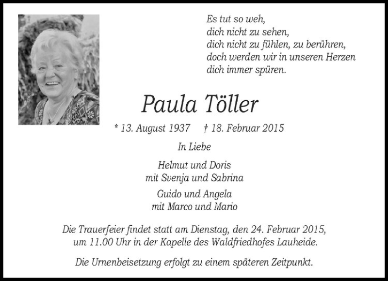  Traueranzeige für Paula Töller vom 21.02.2015 aus Westfälische Nachrichten