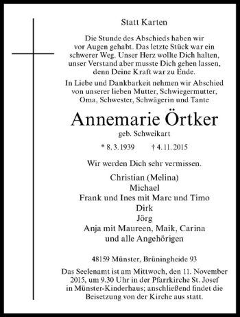 Anzeige von Annemarie Örtker von Westfälische Nachrichten