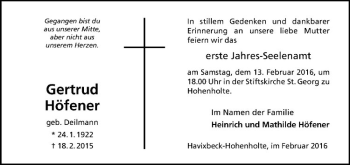 Anzeige von Gertrud Höfener von Westfälische Nachrichten