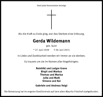 Anzeige von Gerda Wildemann von Westfälische Nachrichten