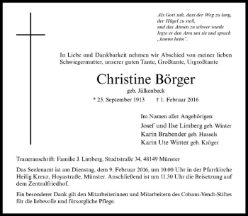 Anzeige von Christine Börger von Westfälische Nachrichten