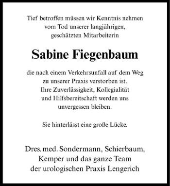 Anzeige von Sabine Fiegenbaum von Westfälische Nachrichten