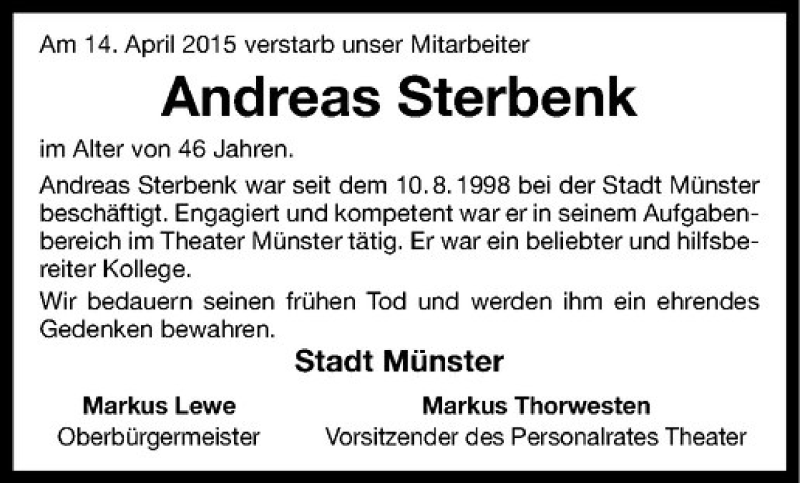  Traueranzeige für Andreas Sterbenk vom 12.05.2015 aus Westfälische Nachrichten