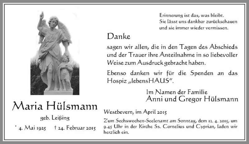  Traueranzeige für Maria Hülsmann vom 03.04.2015 aus Westfälische Nachrichten