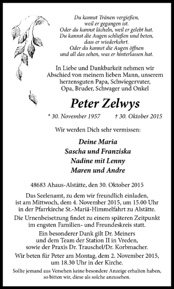  Traueranzeige für Peter Zelwys vom 02.11.2015 aus Westfälische Nachrichten
