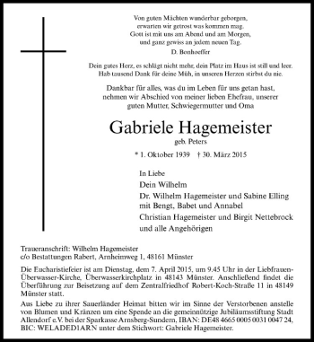 Anzeige von Gabriele Hagemeister von Westfälische Nachrichten
