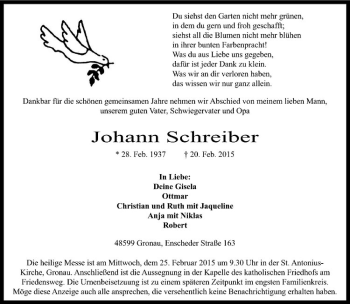 Anzeige von Johann Schreiber von Westfälische Nachrichten