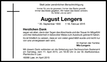 Anzeige von August Lengers von Westfälische Nachrichten