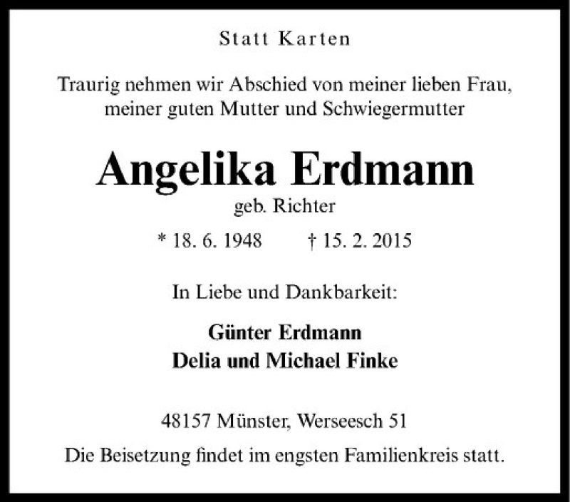  Traueranzeige für Angelika Erdmann vom 18.02.2015 aus Westfälische Nachrichten