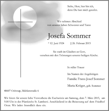 Anzeige von Josefa Sommer von Westfälische Nachrichten