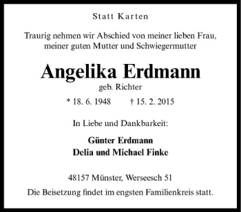 Anzeige von Angelika Erdmann von Westfälische Nachrichten