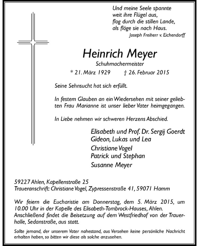  Traueranzeige für Heinrich Meyer vom 28.02.2015 aus Westfälische Nachrichten