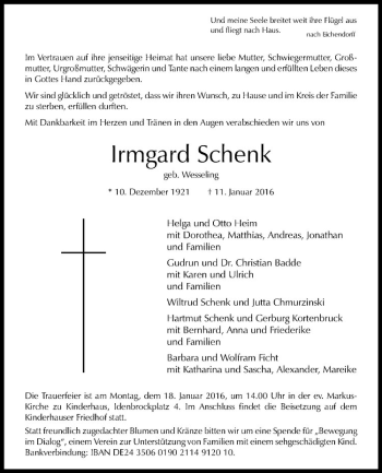 Anzeige von Irmgard Schenk von Westfälische Nachrichten