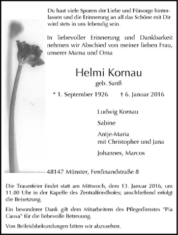 Anzeige von Helmi Kornau von Westfälische Nachrichten