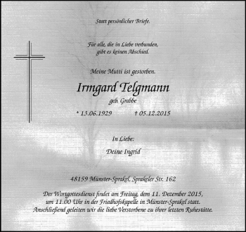 Anzeige von Irmgard Telgmann von Westfälische Nachrichten