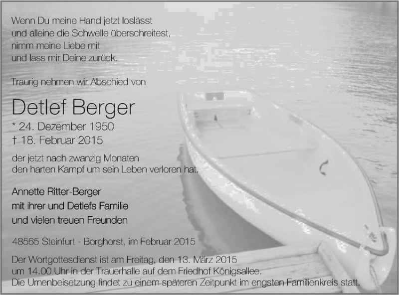  Traueranzeige für Detlef Berger vom 07.03.2015 aus Westfälische Nachrichten