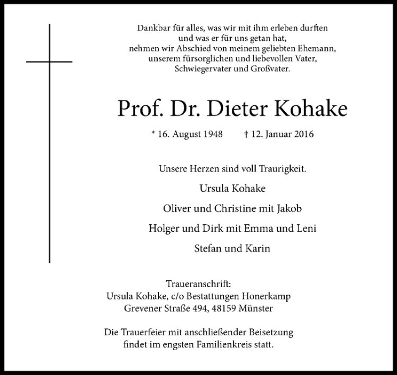  Traueranzeige für Dieter Kohake vom 18.01.2016 aus Westfälische Nachrichten