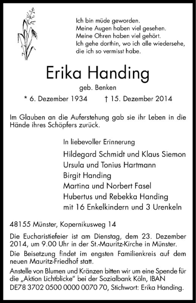  Traueranzeige für Erika Handing vom 20.12.2014 aus Westfälische Nachrichten