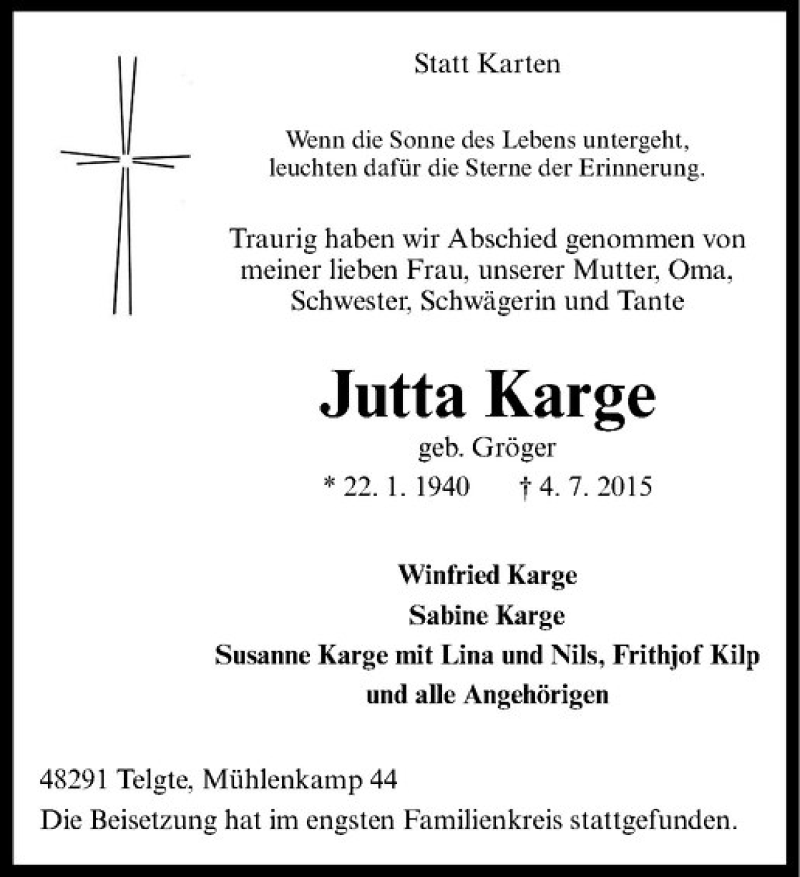  Traueranzeige für Jutta Karge vom 11.07.2015 aus Westfälische Nachrichten