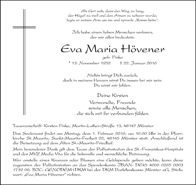  Traueranzeige für Eva Maria Hövener vom 27.01.2016 aus Westfälische Nachrichten