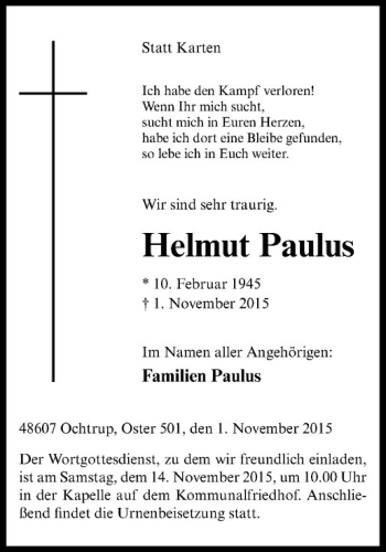 Anzeige von Helmut Paulus von Westfälische Nachrichten