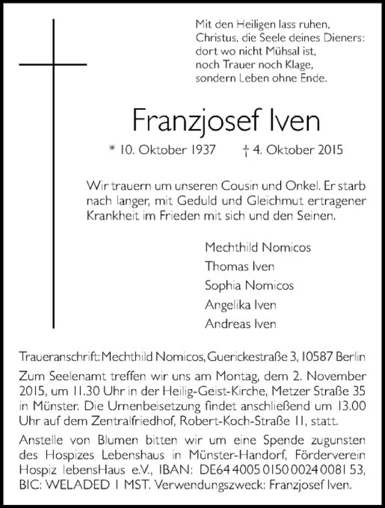  Traueranzeige für Franzjosef Iven vom 23.10.2015 aus Westfälische Nachrichten
