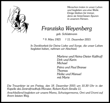 Anzeige von Franziska Weyenberg von Westfälische Nachrichten