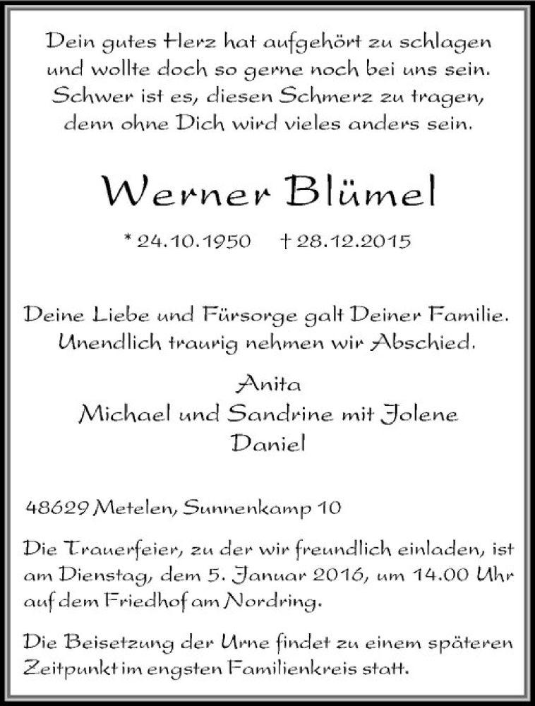  Traueranzeige für Werner Blümel vom 02.01.2016 aus Westfälische Nachrichten