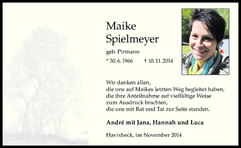  Traueranzeige für Maike Spielmeyer vom 19.12.2014 aus Westfälische Nachrichten