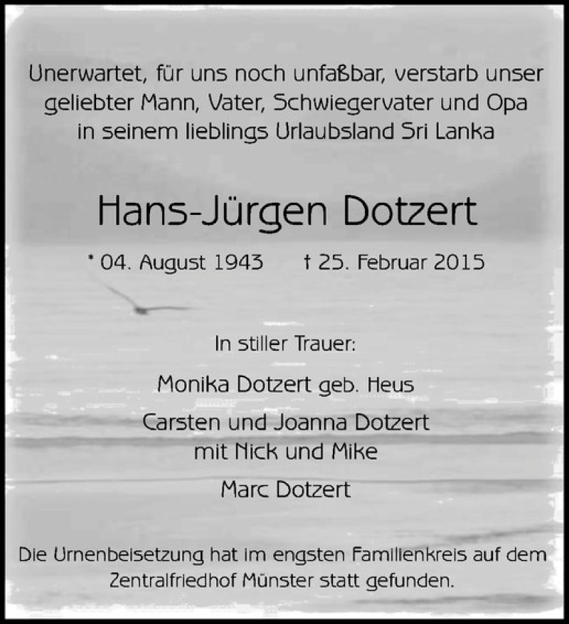  Traueranzeige für Hans-Jürgen Dotztert vom 14.03.2015 aus Westfälische Nachrichten