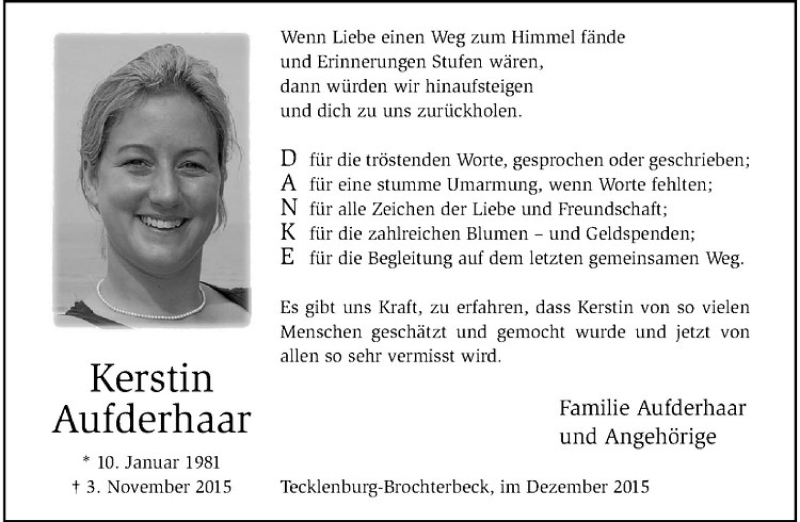  Traueranzeige für Kerstin Aufderhaar vom 19.12.2015 aus Westfälische Nachrichten