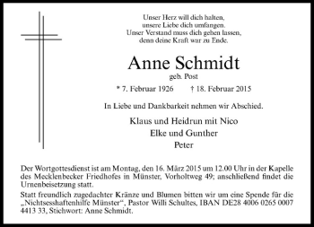 Anzeige von Anne Schmidt von Westfälische Nachrichten