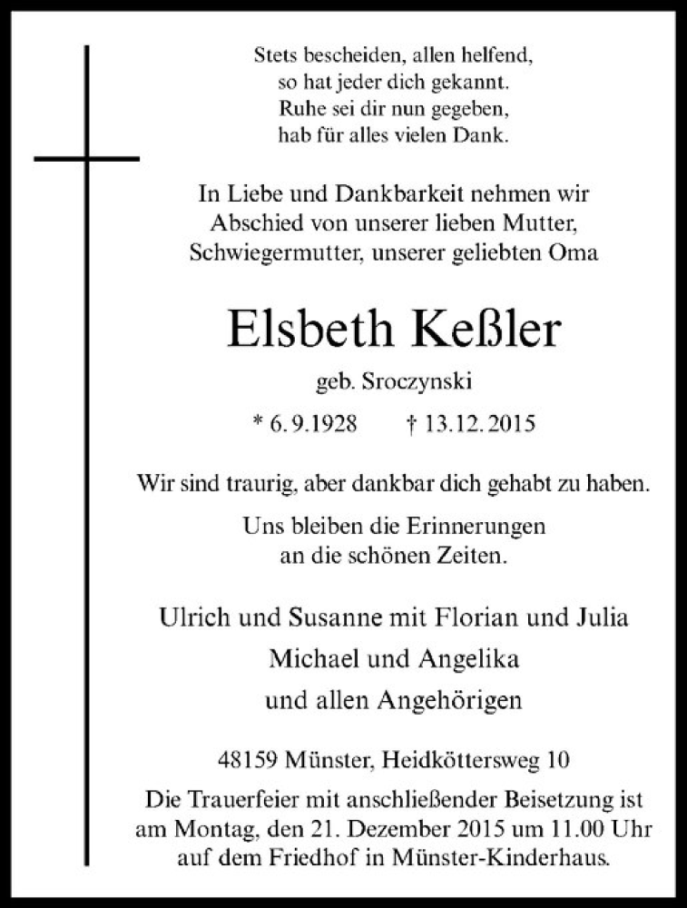  Traueranzeige für Elsbeth Keßler vom 16.12.2015 aus Westfälische Nachrichten