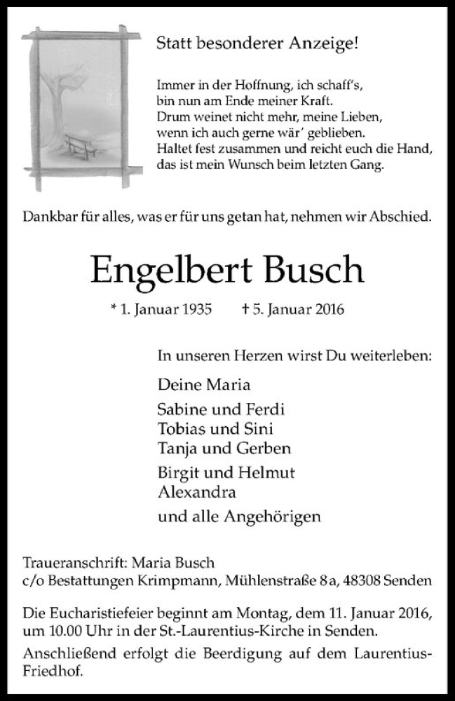  Traueranzeige für Engelbert Busch vom 08.01.2016 aus Westfälische Nachrichten