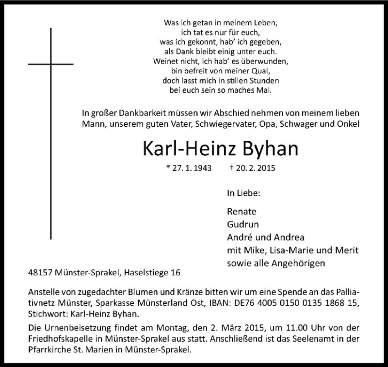 Traueranzeige für Karl-Heinz Byhan vom 26.02.2015 aus Westfälische Nachrichten