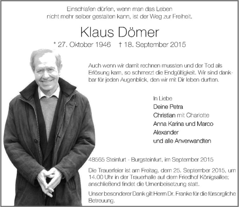  Traueranzeige für Klaus Dömer vom 21.09.2015 aus Westfälische Nachrichten
