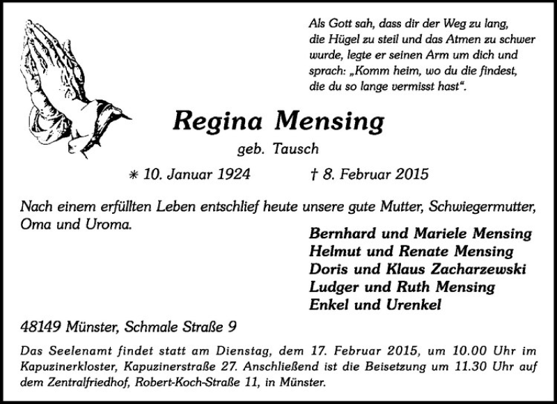  Traueranzeige für Regina Mensing vom 11.02.2015 aus Westfälische Nachrichten