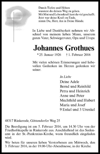 Anzeige von Johannes Grothues von Westfälische Nachrichten