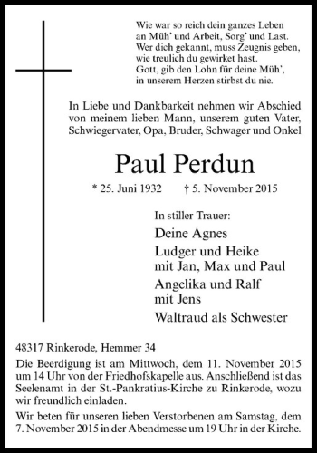 Anzeige von Paul Perdun von Westfälische Nachrichten