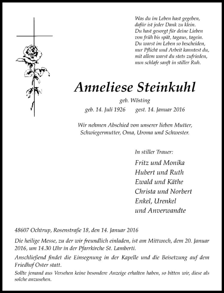  Traueranzeige für Anneliese Steinkuhl vom 18.01.2016 aus Westfälische Nachrichten