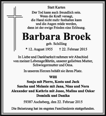Anzeige von Barbara Broek von Westfälische Nachrichten