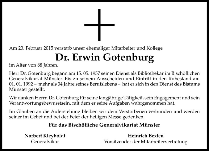  Traueranzeige für Erwin Gotenburg vom 04.03.2015 aus Westfälische Nachrichten