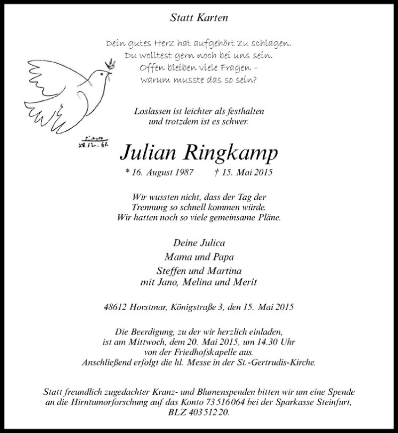  Traueranzeige für Julian Ringkamp vom 18.05.2015 aus Westfälische Nachrichten