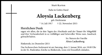 Anzeige von Aloysia Lackenberg von Westfälische Nachrichten