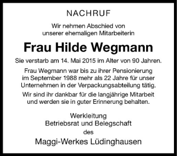 Anzeige von Hilde Wegmann von Westfälische Nachrichten
