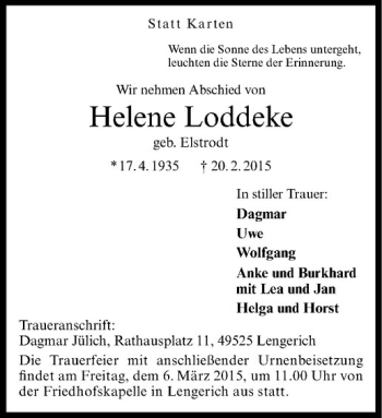 Anzeige von Helene Loddeke von Westfälische Nachrichten