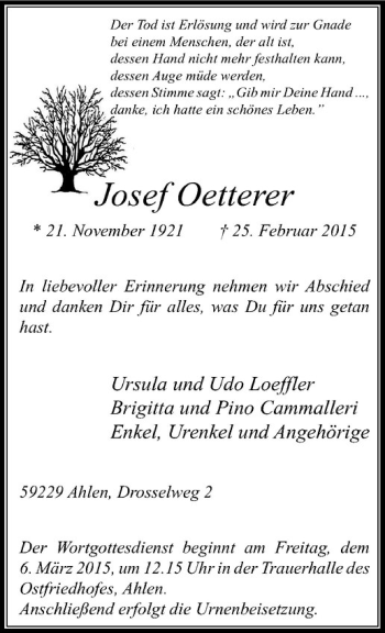 Anzeige von Josef Oetterer von Westfälische Nachrichten